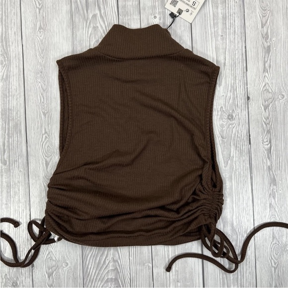 Zara Womens Top Brown UK S Sleeveless Ruched Adjustable Sides Ribbed High Neck - Picture 8 of 16